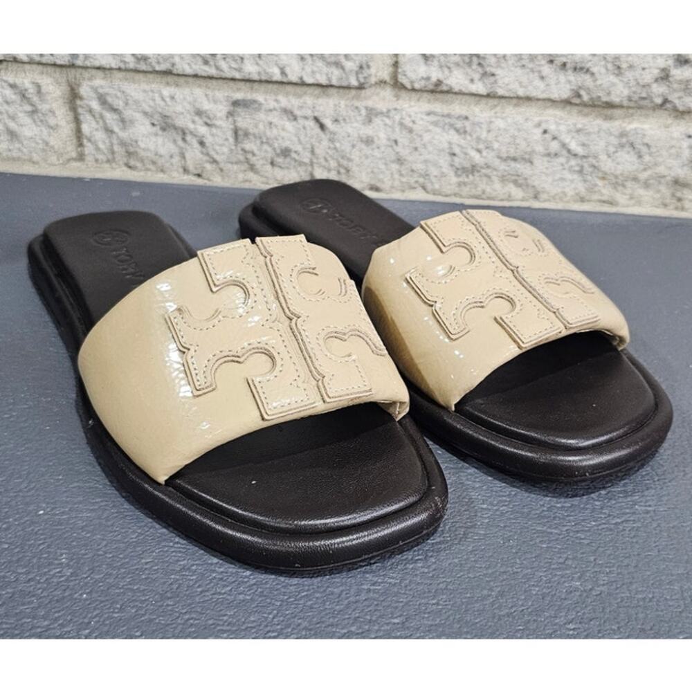Tory Burch Double T, Sport, Slide, Sandals, Light Cream, Gold, Leather Sz 6.5